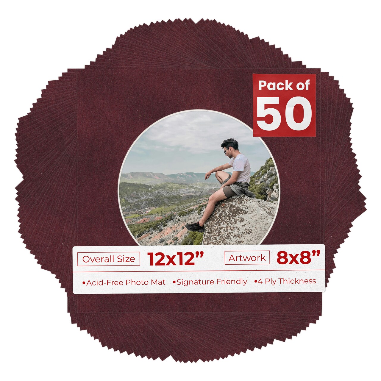 Dark Red Suede Mat Board for 12x12 Frames - Circle Opening for 8x8 Photos
